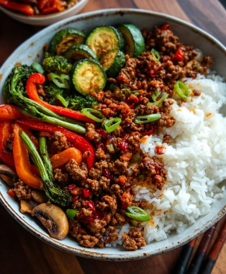 Spicy Beef Stir-Fry Bowl Garlic Veggies Steamy Rice