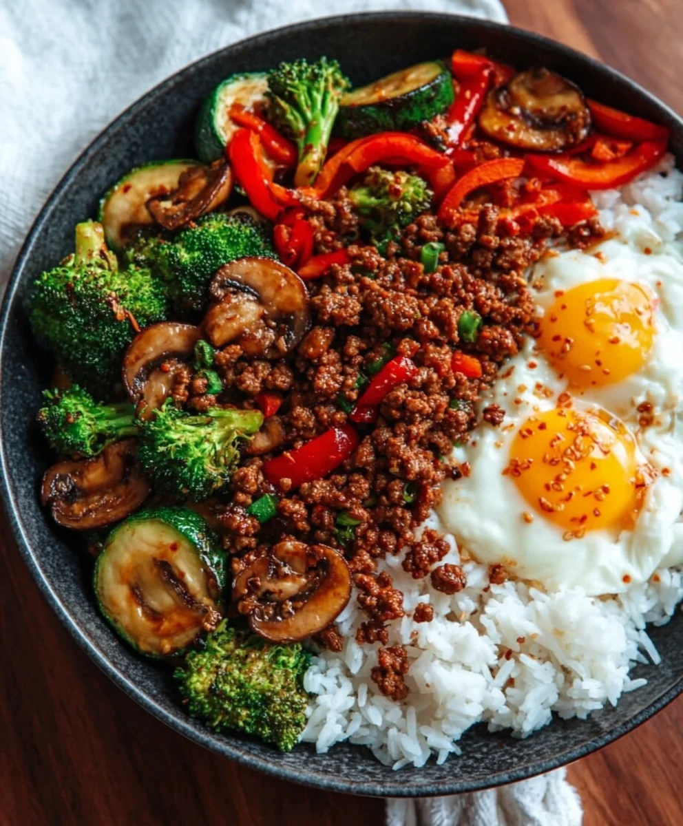 Spicy Beef Stir-Fry Bowl Garlic Veggies Steamy Rice