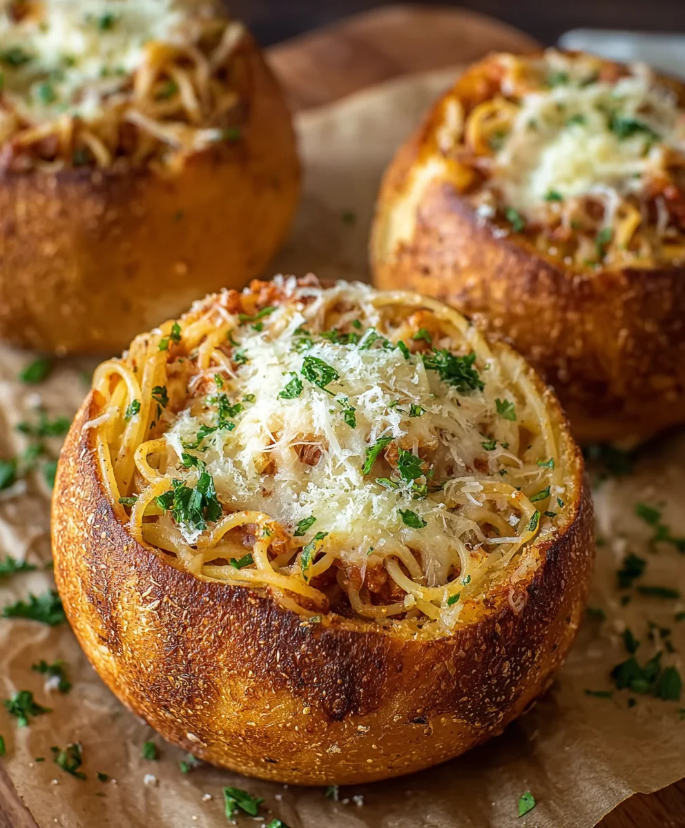 Spaghetti Garlic Bread Bowls-Easy Dinner Delight