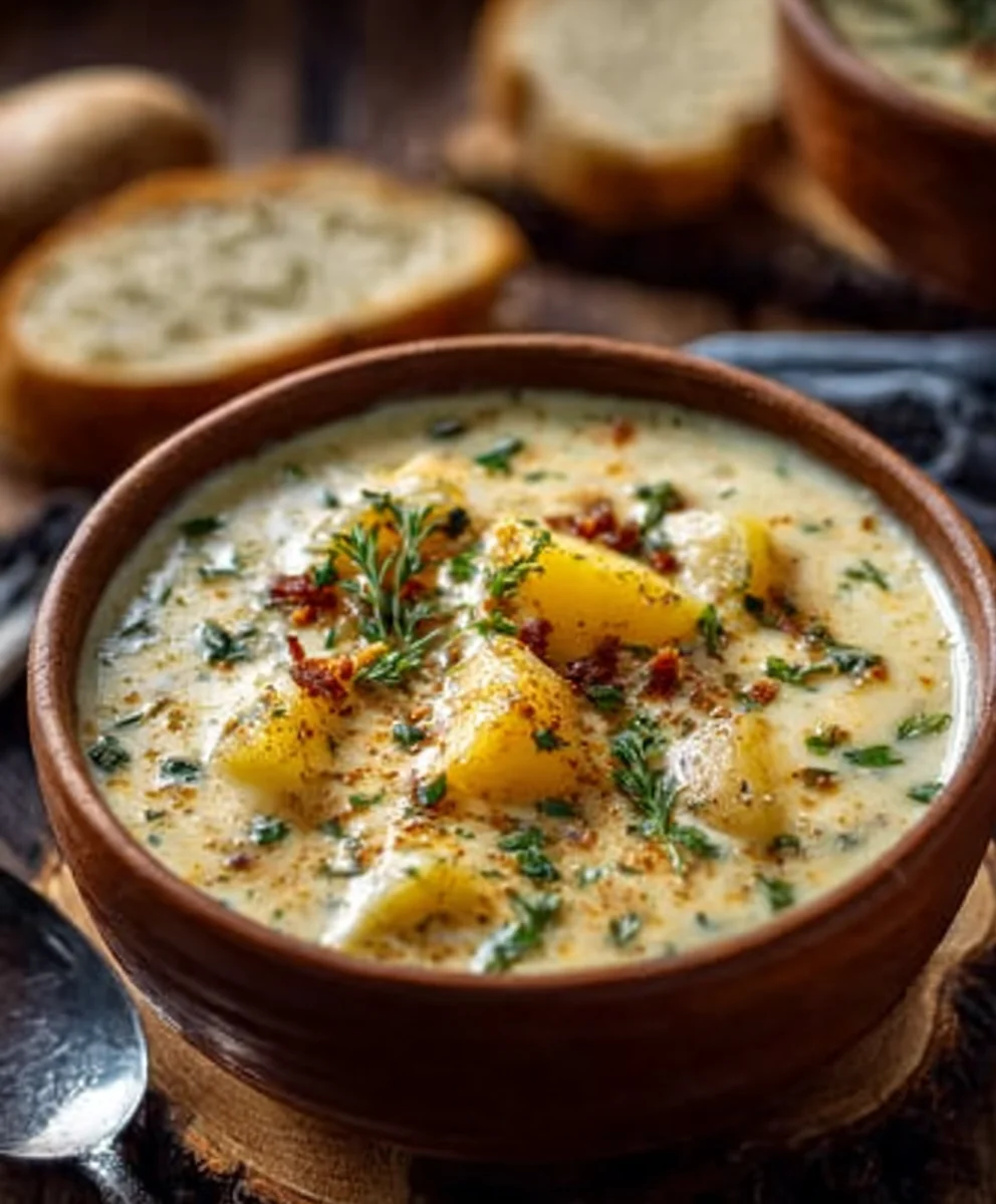 Hearty Cheddar Garlic Herb Potato Soup - Easy Recipe