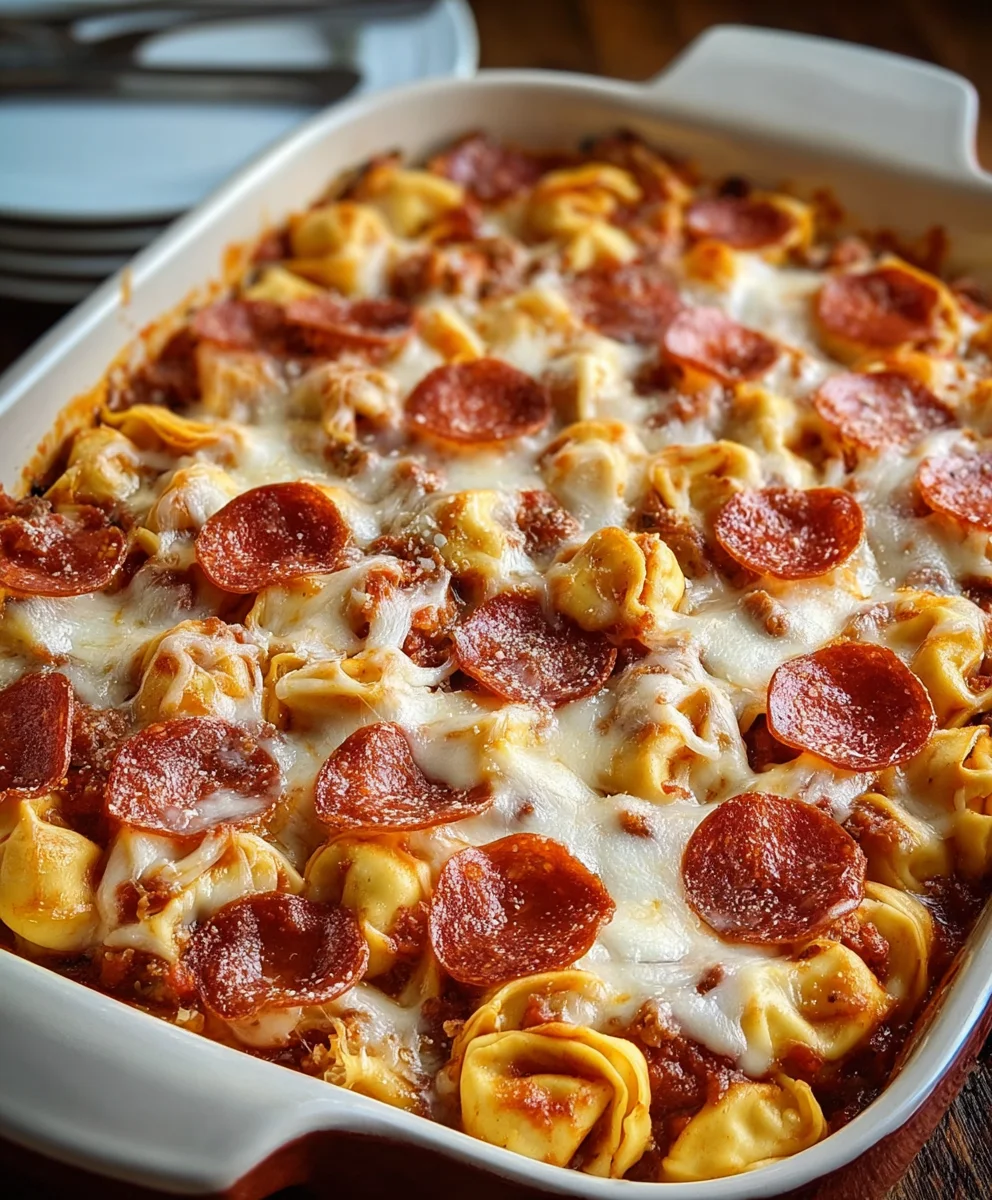 Cheesy Beef Beef Pepperoni Tortellini Pizza Casserole