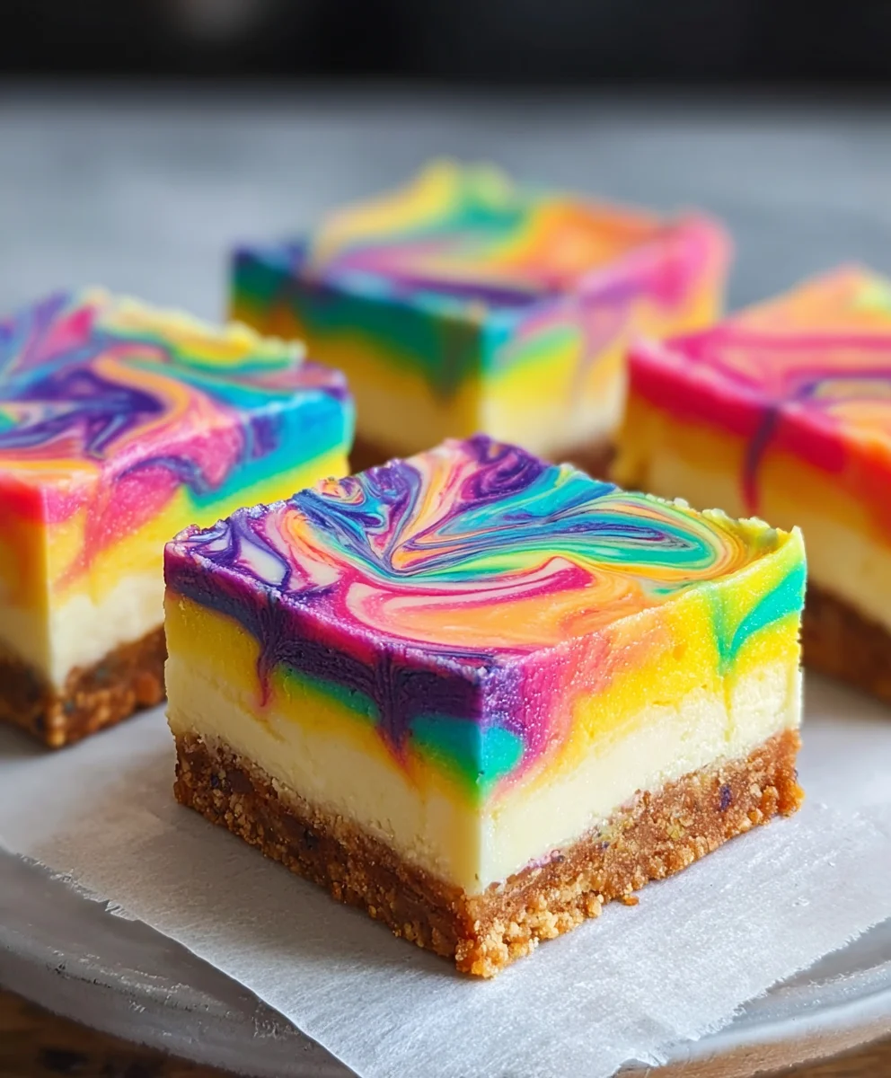 Rainbow Cheesecake Swirl Bars-Vibrant Dessert